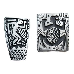 2 Alice Seely Pewter Fetishes Brooch Vintage 1998 Silver Tone Pins Petroglyphs